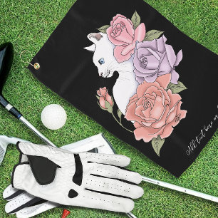 White Cat Pastel Floral Black Romantic Botanical Golf Towel
