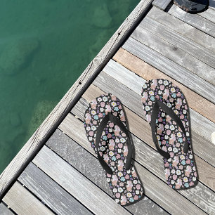 White Cat Pastel Floral Black Romantic Botanical Jandals