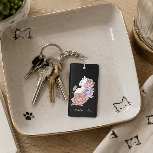 White Cat Pastel Floral Black Romantic Botanical Key Ring