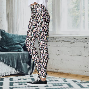 White Cat Pastel Floral Black Romantic Botanical Leggings