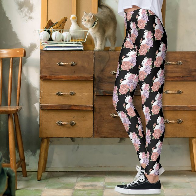 White Cat Pastel Floral Black Romantic Botanical Leggings (Creator Uploaded)