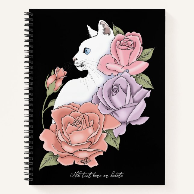 White Cat Pastel Floral Black Romantic Botanical Notebook (Front)