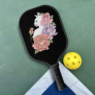 White Cat Pastel Floral Black Romantic Botanical Pickleball Paddle