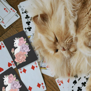 White Cat Pastel Floral Black Romantic Botanical Playing Cards