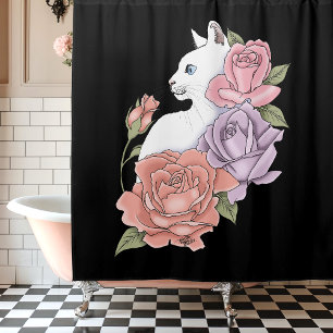 White Cat Pastel Floral Black Romantic Botanical Shower Curtain