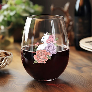 White Cat Pastel Floral Black Romantic Botanical Stemless Wine Glass