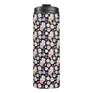 White Cat Pastel Floral Black Romantic Botanical Thermal Tumbler