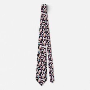 White Cat Pastel Floral Black Romantic Botanical Tie