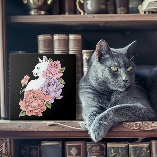 White Cat Pastel Floral Black Romantic Botanical Tile (Creator Uploaded)