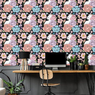 White Cat Pastel Floral Black Romantic Botanical Wallpaper