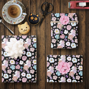 White Cat Pastel Floral Black Romantic Botanical Wrapping Paper Sheet