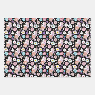 White Cat Pastel Floral Black Romantic Botanical Wrapping Paper Sheet