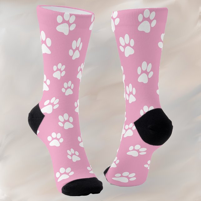 White cat paw prints pink crew socks (Creator Uploaded)