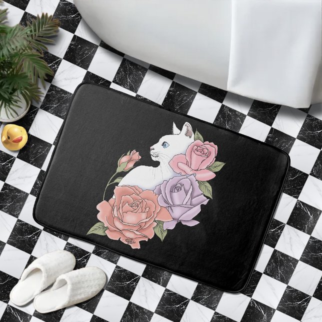 White Cat Peach Lavender Pink Roses Bath Mat (Creator Uploaded)