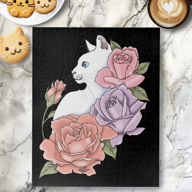 White Cat Peach Lavender Pink Roses Jigsaw Puzzle (Creator Uploaded)