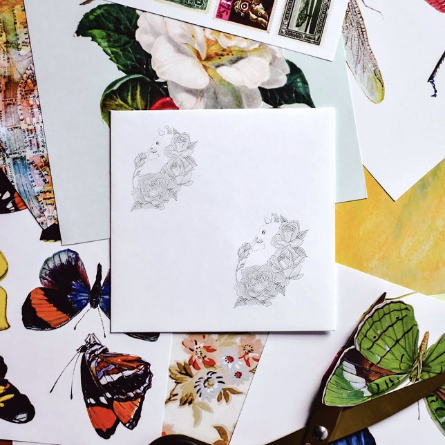 White Cat Peach Lavender Pink Roses  Rubber Stamp (Creator Uploaded)