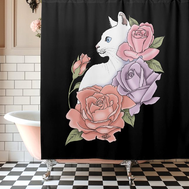 White Cat Peach Lavender Pink Roses Shower Curtain (Creator Uploaded)