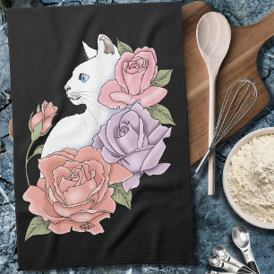 White Cat Peach Lavender Pink Roses Tea Towel