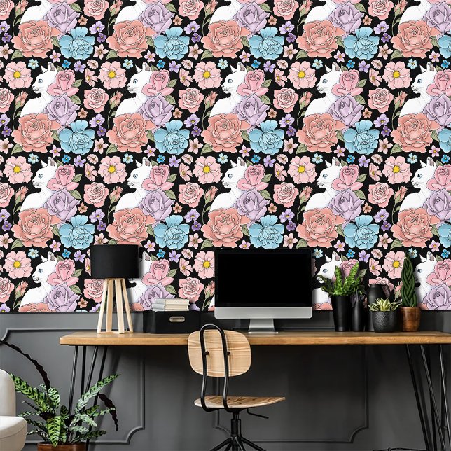 White Cat Peach Lavender Pink Roses Wallpaper (Creator Uploaded)