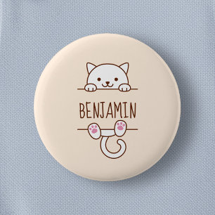 White Cat Peeking behind Custom Name 6 Cm Round Badge