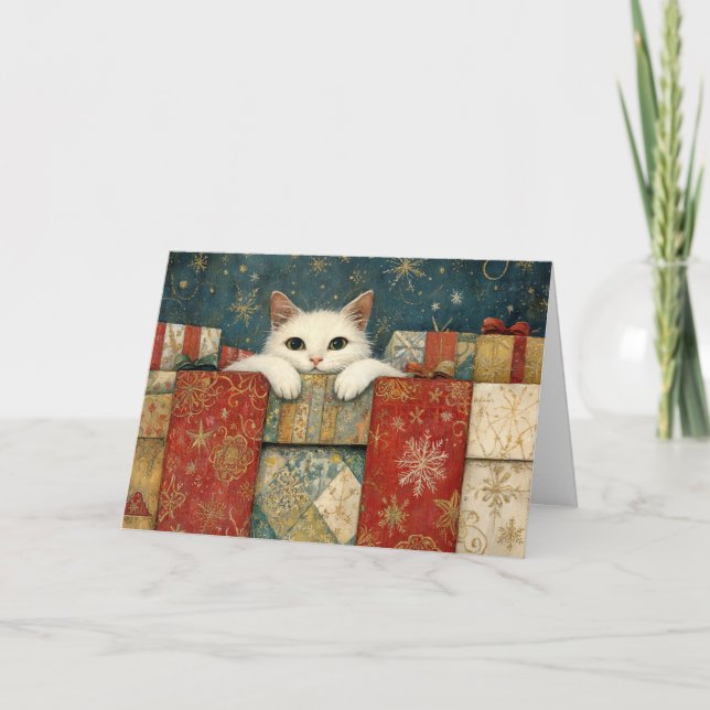 White Cat Peeking over Christmas Gifts Greeting Card (Front)