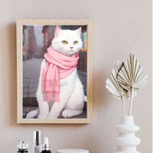 White Cat Pink Outfit Fall Winter Manga Wall Art