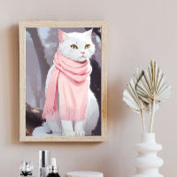 White Cat Pink Outfit Fall Winter Manga Wall Art 