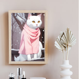 White Cat Pink Outfit Fall Winter Manga Wall Art