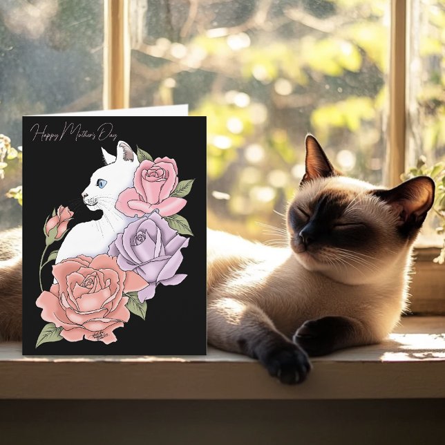 White Cat Pink Roses Mother's Day Card (Creator Uploaded)