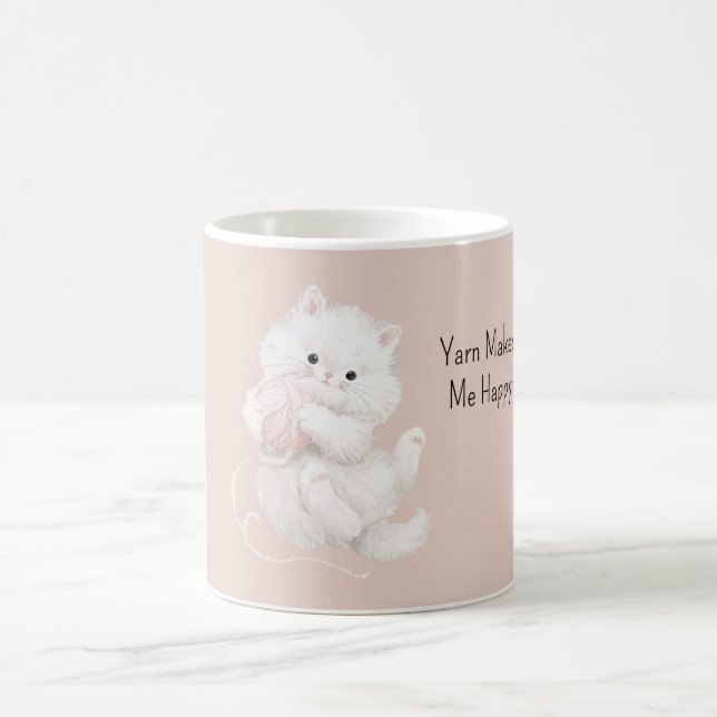 White Cat Pink Yarn Coffee Mug (Center)