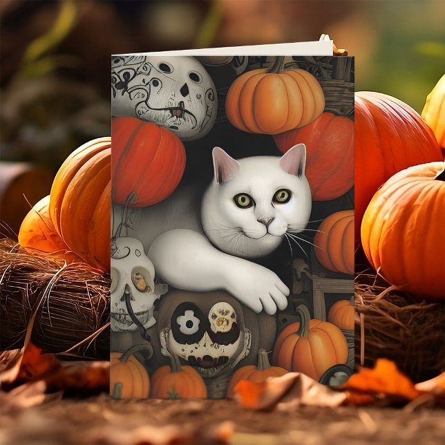 White Cat Pumpkins Calavera Artistic Halloween Holiday Card (Ghost kitty white cat Halloween greeting card with pumpkins and calavera)