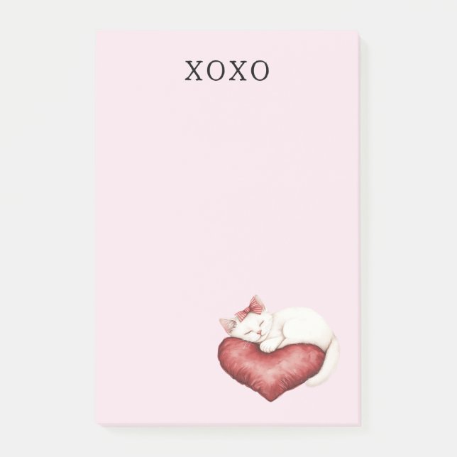 White Cat Red Heart Pillow Post-it Notes (Front)