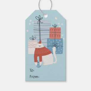 White cat red sweater presents gifts ornaments gift tags