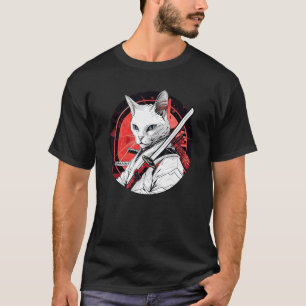 White Cat Samurai Funny Pet Warrior T-Shirt