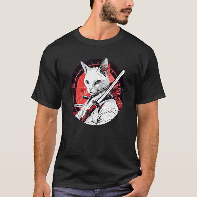White Cat Samurai Funny Pet Warrior T-Shirt (Front)