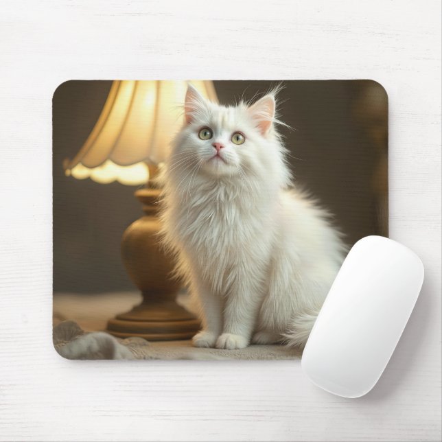White Cat Sitting In Warm Lamplight Mouse Pad (With Mouse)
