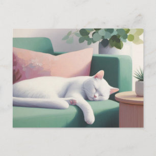 White Cat Sleeping on Green Sofa / Cat Lovers Postcard