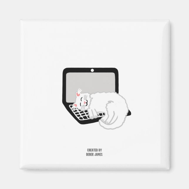 White Cat Sleeping On Laptop 2 Inch Square Magnet (Front)