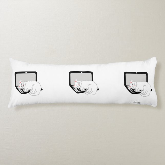 White Cat Sleeping On Laptop Body Pillow (Front)