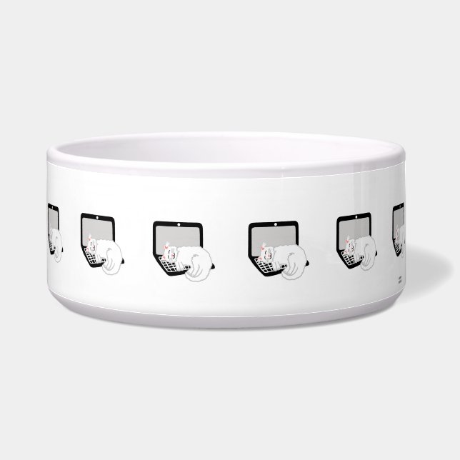White Cat Sleeping On Laptop Ceramic Pet Bowl (Right)