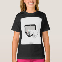 White Cat Sleeping On Laptop Girls Black T Shirt