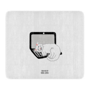 White Cat Sleeping On Laptop Glass Cutting Board