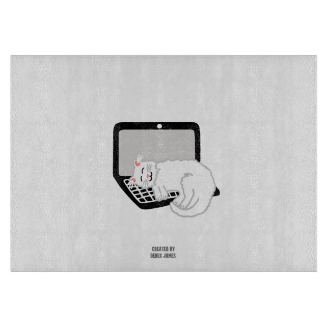 White Cat Sleeping On Laptop Glass Cutting Board (Front)