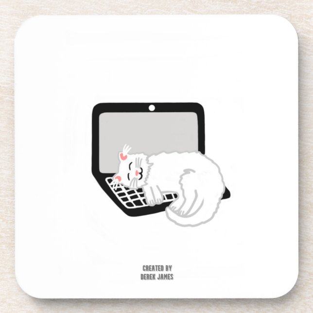 White Cat Sleeping On Laptop Hard Plastic Coaster (Front)