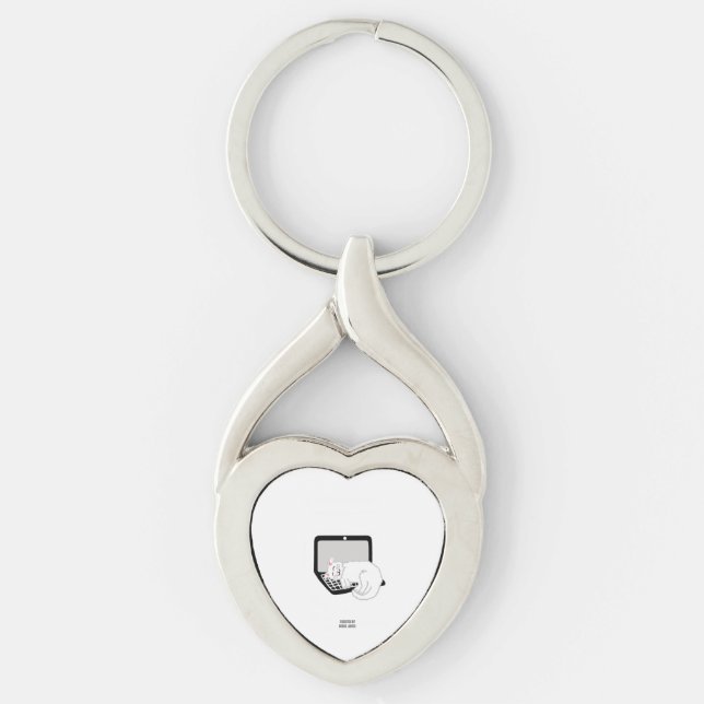 White Cat Sleeping On Laptop Heart Keychain (Front)