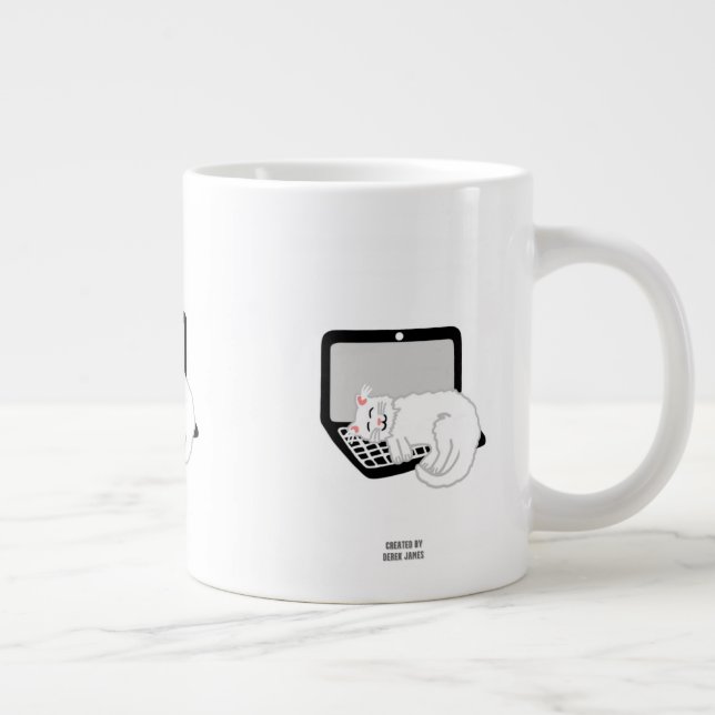 White Cat Sleeping On Laptop Jumbo Mug (Right)