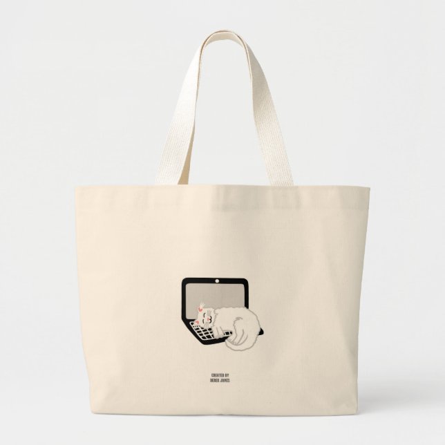 White Cat Sleeping On Laptop Jumbo Tote (Front)
