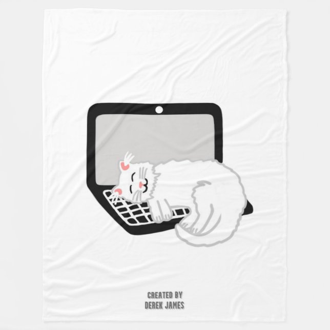 White Cat Sleeping On Laptop Large Fleece Blanket (Front)