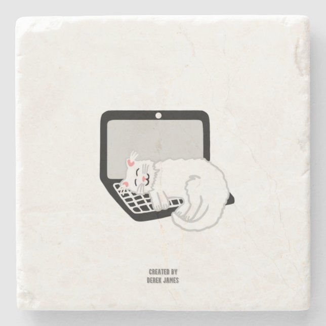 White Cat Sleeping On Laptop Marble Stone Coaster (Front)