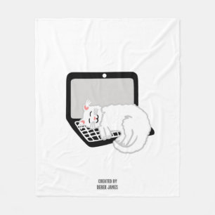 White Cat Sleeping On Laptop Medium Fleece Blanket
